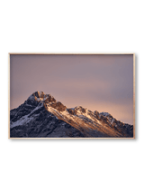 Last Light fine art landscape print featuring snow-covered New Zealand mountains and foggy alpine terrain. Moody Queenstown photography wall art, perfect for winter interiors. Premium giclée print on archival paper. Ideal for modern home décor, minimalist design, and Scandinavian-style spaces. Available from Melbourne Print Studio, part of the Snowdrift Collection.