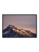 Last Light fine art landscape print featuring snow-covered New Zealand mountains and foggy alpine terrain. Moody Queenstown photography wall art, perfect for winter interiors. Premium giclée print on archival paper. Ideal for modern home décor, minimalist design, and Scandinavian-style spaces. Available from Melbourne Print Studio, part of the Snowdrift Collection.