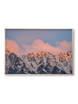 Cloud Ridge fine art landscape print featuring snow-covered New Zealand mountains and foggy alpine terrain. Moody Queenstown photography wall art, perfect for winter interiors. Premium giclée print on archival paper. Ideal for modern home décor, minimalist design, and Scandinavian-style spaces. Available from Melbourne Print Studio, part of the Snowdrift Collection.