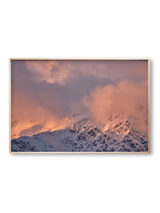 Daybreak fine art landscape print featuring snow-covered New Zealand mountains and foggy alpine terrain. Moody Queenstown photography wall art, perfect for winter interiors. Premium giclée print on archival paper. Ideal for modern home décor, minimalist design, and Scandinavian-style spaces. Available from Melbourne Print Studio, part of the Snowdrift Collection.